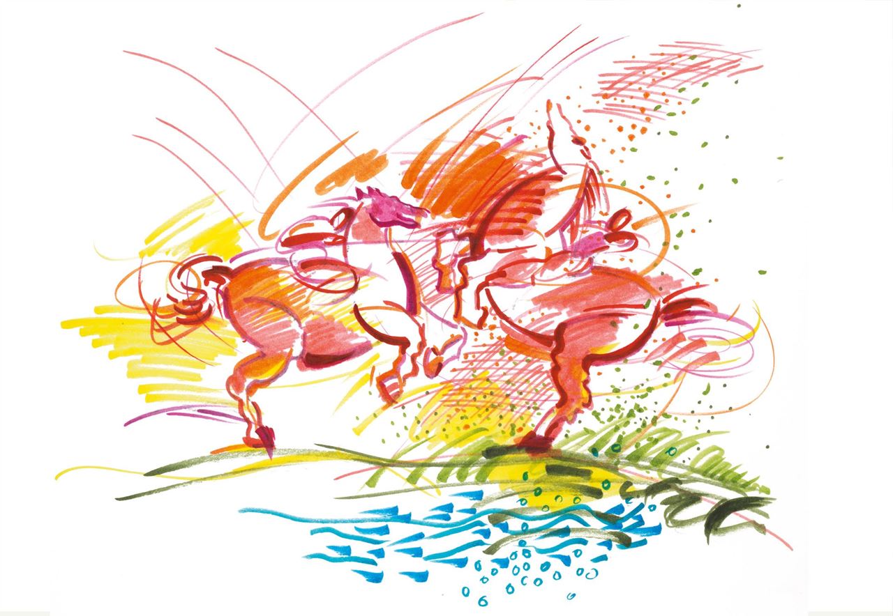 fighting knights drawn with colourful PITT artist pens