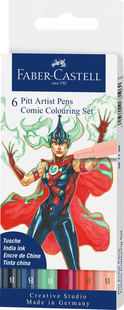 Faber-Castell - Pitt Artist Pen Brush India ink pen, wallet of 6, Colouring