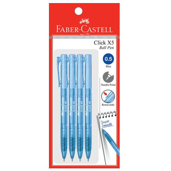Faber-Castell - Ballpoint pen Click X5 0.5mm, blue, blistercard of 4